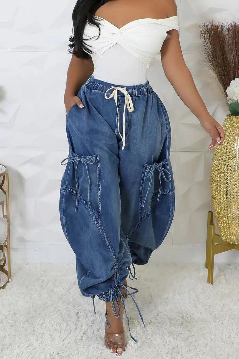 Denim Cargo Barrel Jeans
