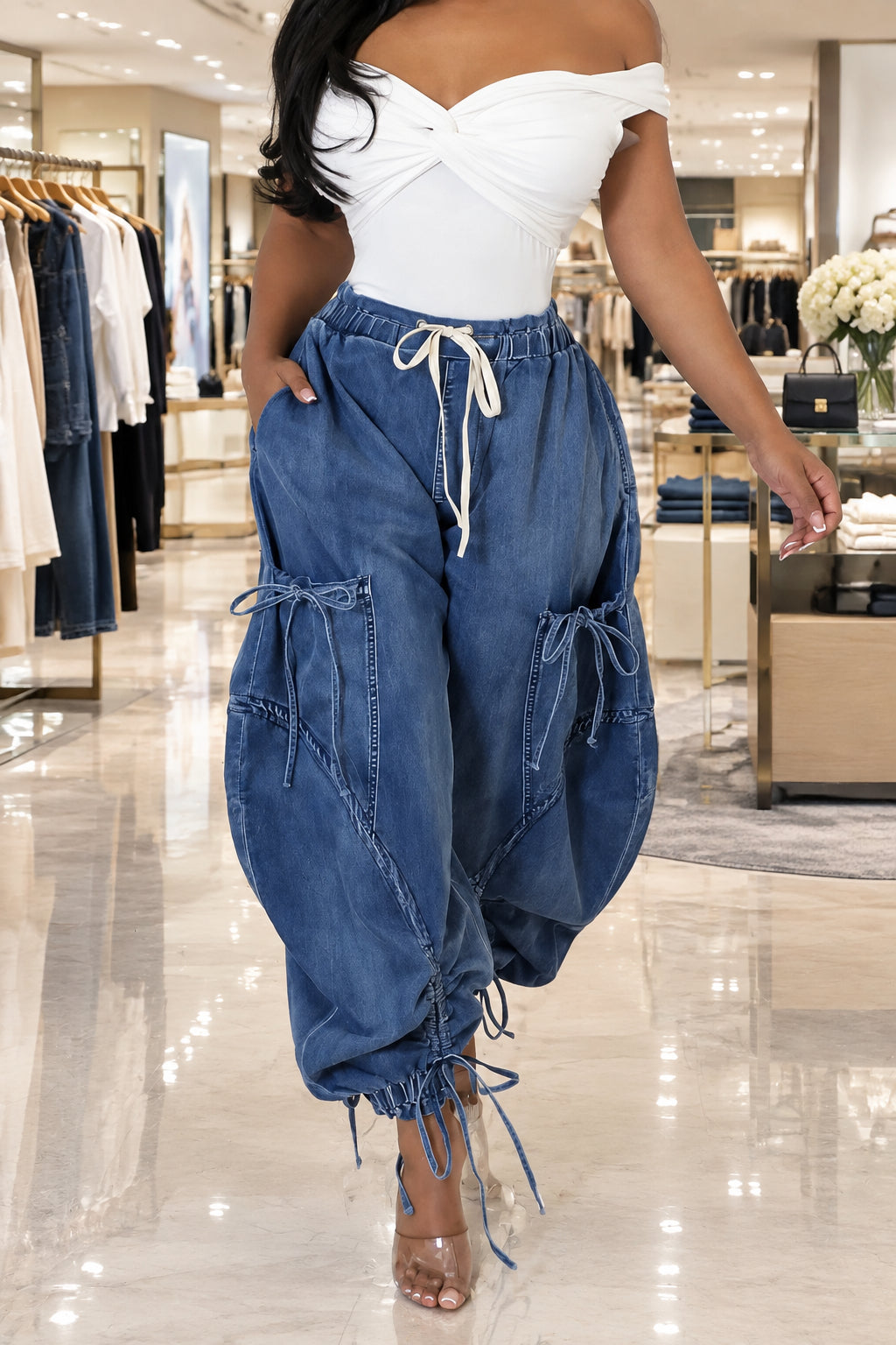 Denim Cargo Barrel Jeans