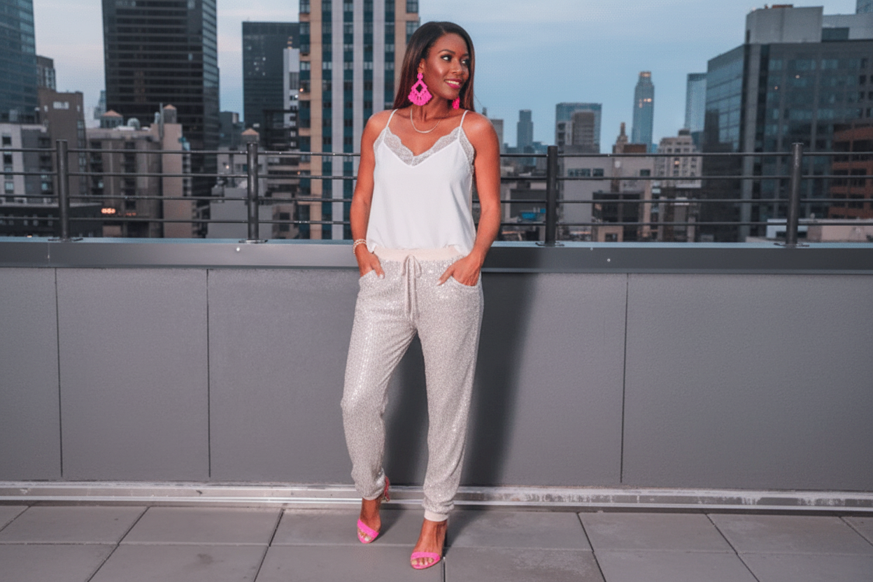 Shimmering Sequin Joggers: High Waistband, Hidden Pockets