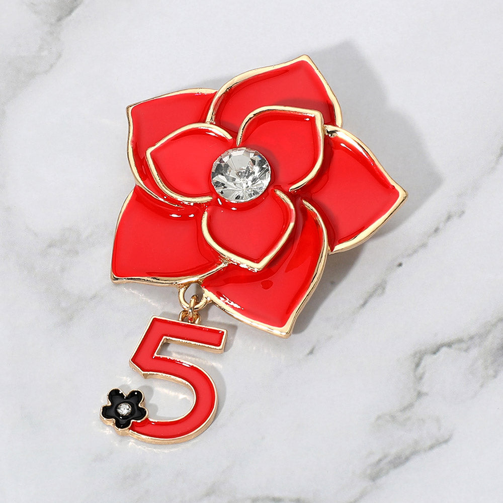 
  
  Stone Pointed Enamel Flower Number Five Dangle Pin Brooch
  

