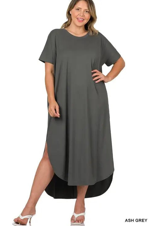 
  
  Maxi Dress in Ash Grey with Short Sleeves - Stylish and Comfortable
  
