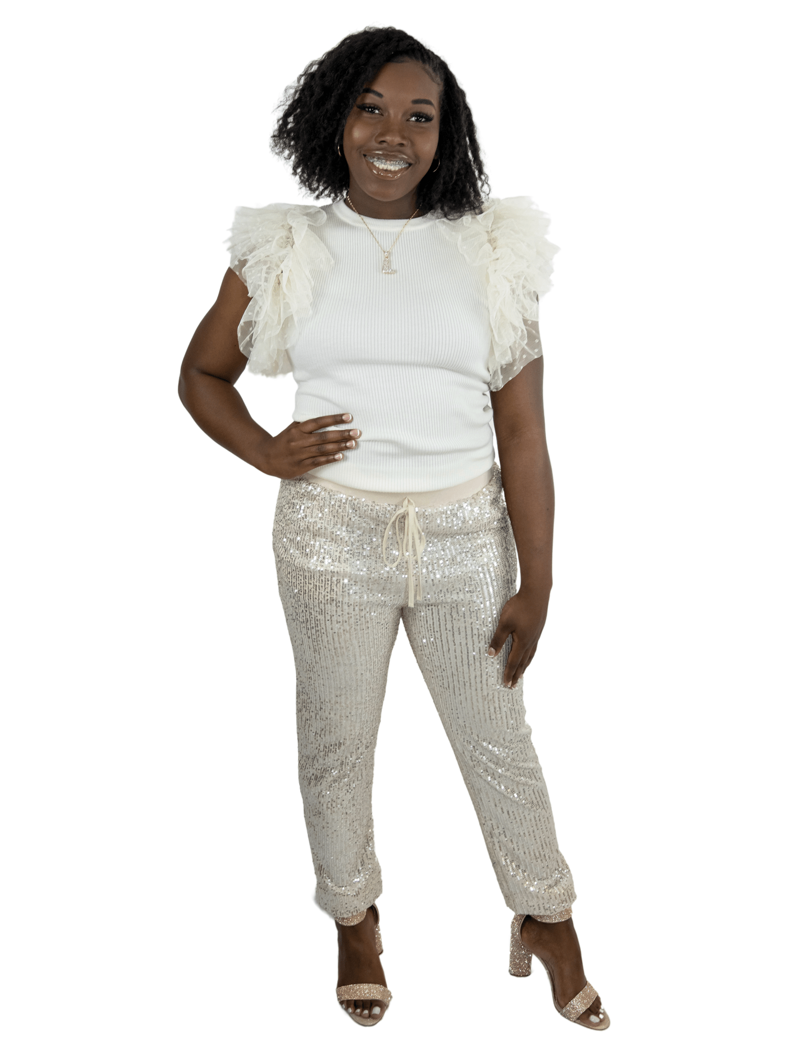 
  
  Shimmering Sequin Joggers: High Waistband, Hidden Pockets
  
