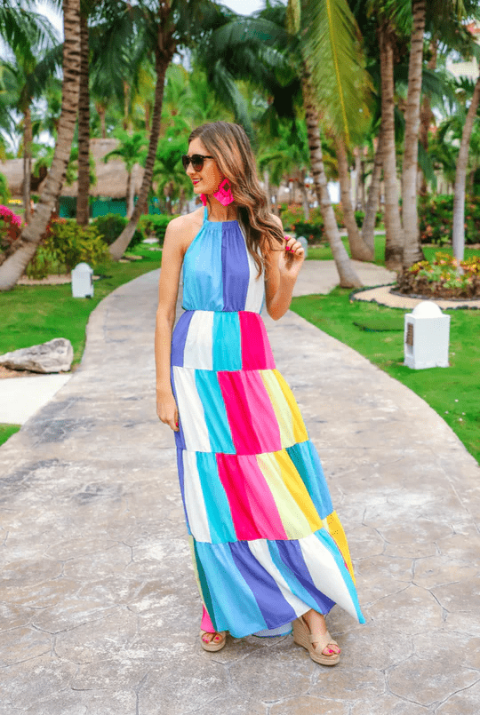 
  
  Summer: Vibrant Color Block Halter Maxi Dress
  
