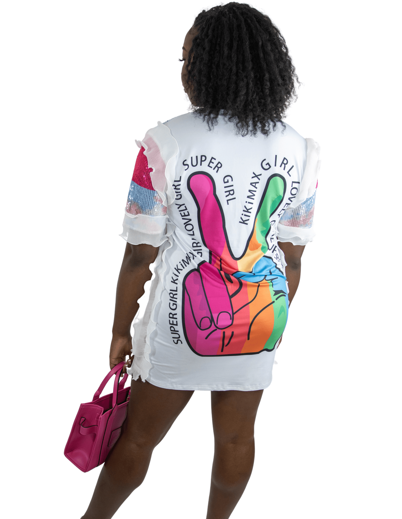 
  
  See Me Dress: Colorful Sequin Short Sleeve Shift Dress with Text Design
  
